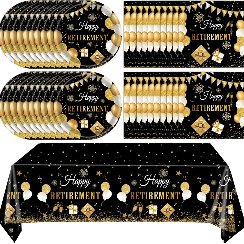 Elegant Black and Gold Retirement Party Supplies Disposable Tableware Set